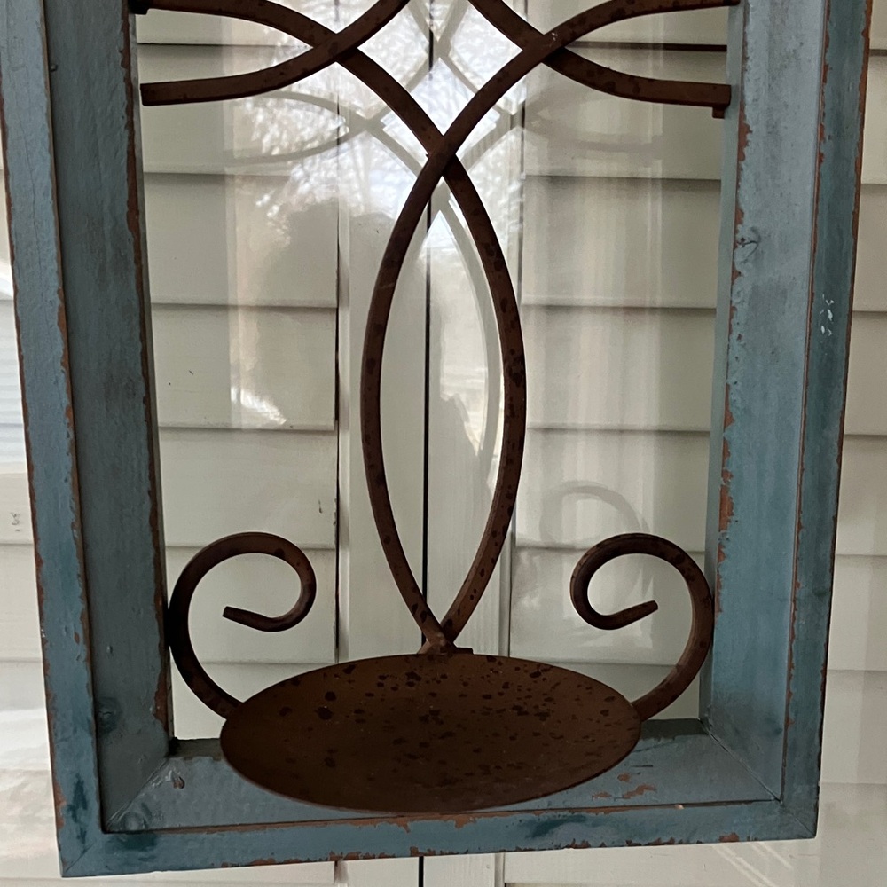 Rustic Blue Wood Frame With Brown Metal Design With Metal Candle Holder - Picture 5 of 10